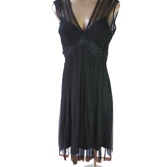 ECI New York Black Mesh Evening Dress Beaded Waist Size 4 Illusion Empire  Lined - Picture 1 of 15